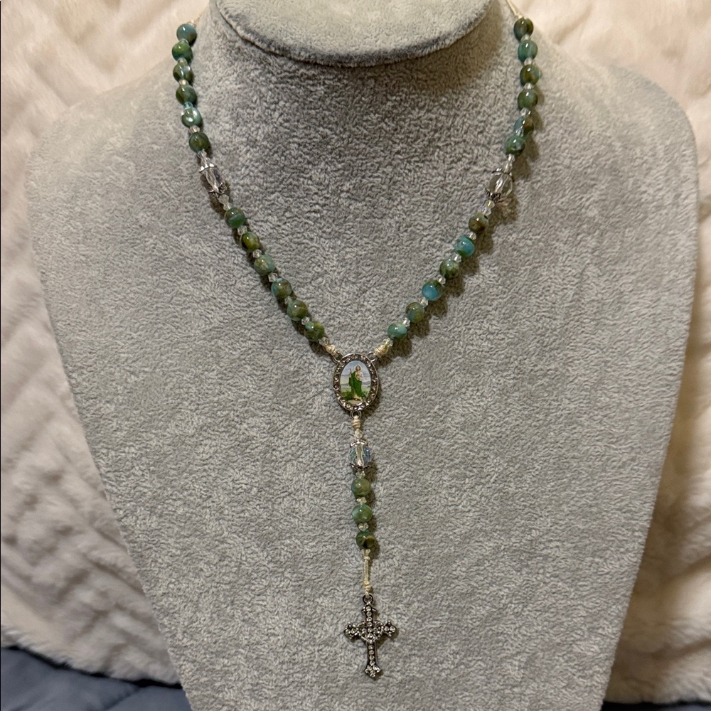 Mini Car Rosary/Necklace with Cross Pendant Blue Green Crystal beads